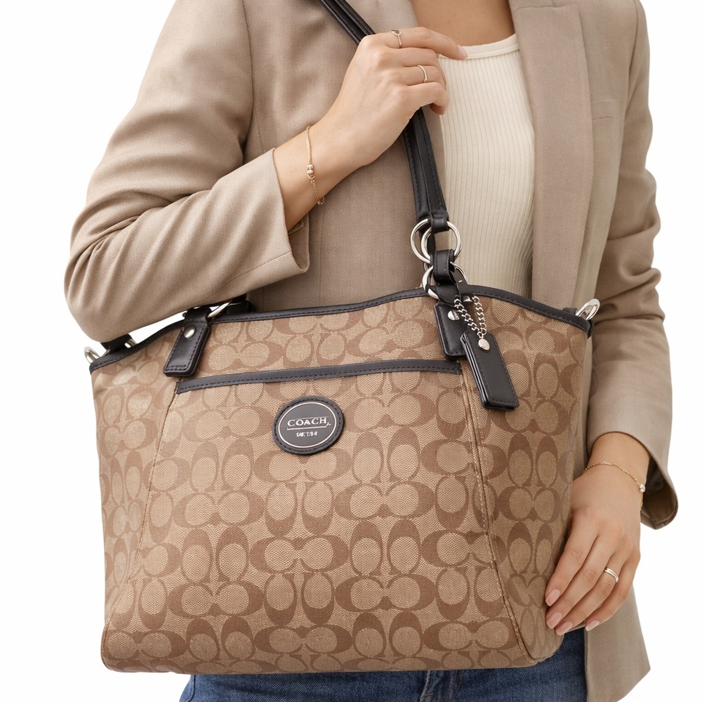 Coach Signature Jacquard Tote Bag – Brown/Khaki – Excellent Condition